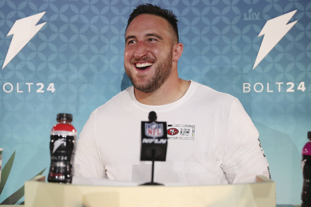San Francisco 49ers offensive tackle Joe Staley speaks to the media during Opening Night for th ...