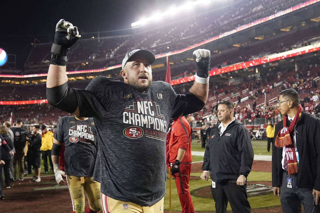 San Francisco 49ers offensive tackle Joe Staley celebrates after the NFL NFC Championship footb ...