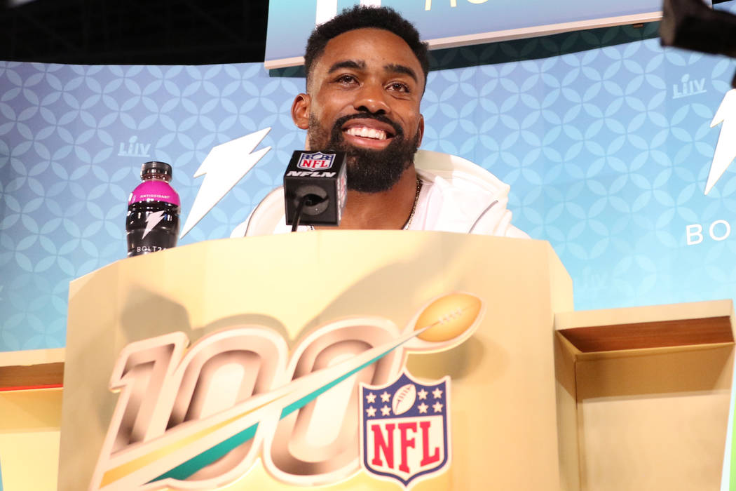 San Francisco 49ers running back Raheem Mostert smiles as he's interviewed during Super Bowl LI ...