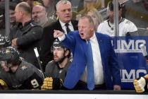 Vegas Golden Knights coach Gerard Gallant questions a call during the first period of the team' ...