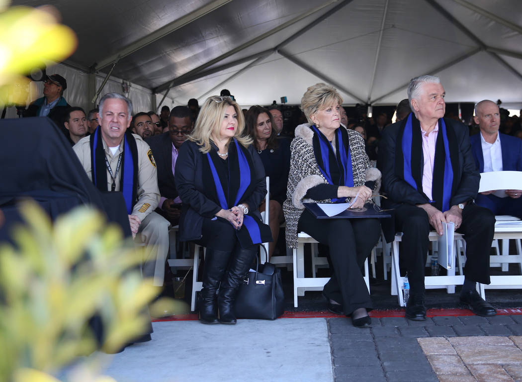 Sheriff Joe Lombardo, left, Mayor Pro Tem Michele Fiore, Mayor Carolyn Goodman, and Governor St ...