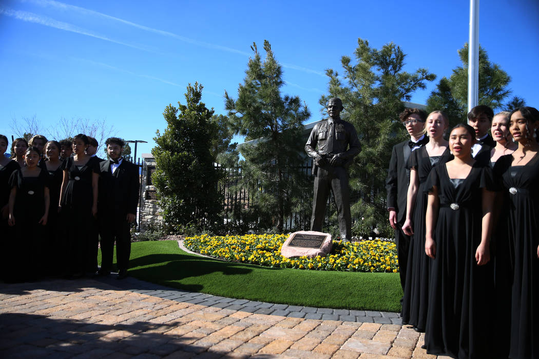 The Alyn Beck statue designed by sculptor Brian Hanlon, is unveiled during the grand opening ev ...