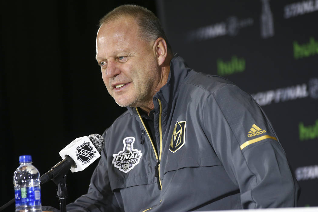 Golden Knights head coach Gerard Gallant speaks after practice at Capital One Arena in Washingt ...