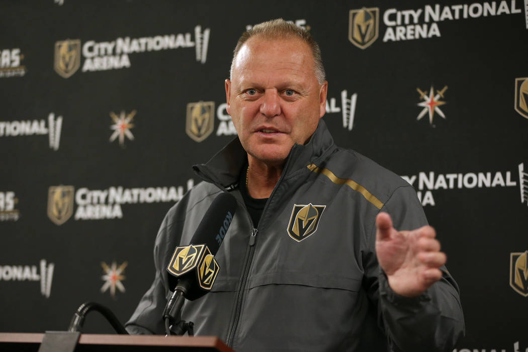 Vegas Golden Knights head coach Gerard Gallant speaks to reporters at City National Arena in La ...