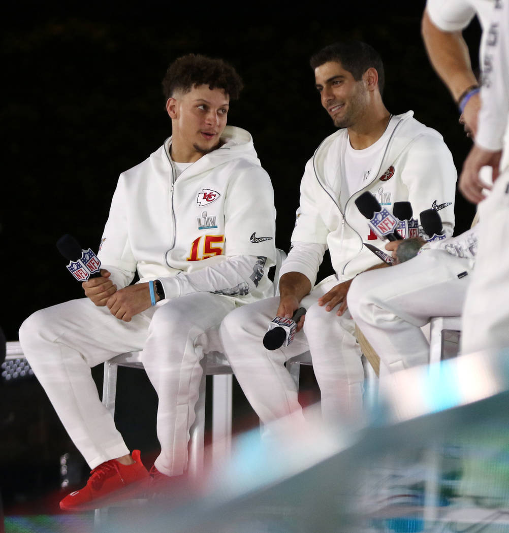 Kansas City Chiefs quarterback Patrick Mahomes, left, and San Francisco 49ers quarterback Jimmy ...