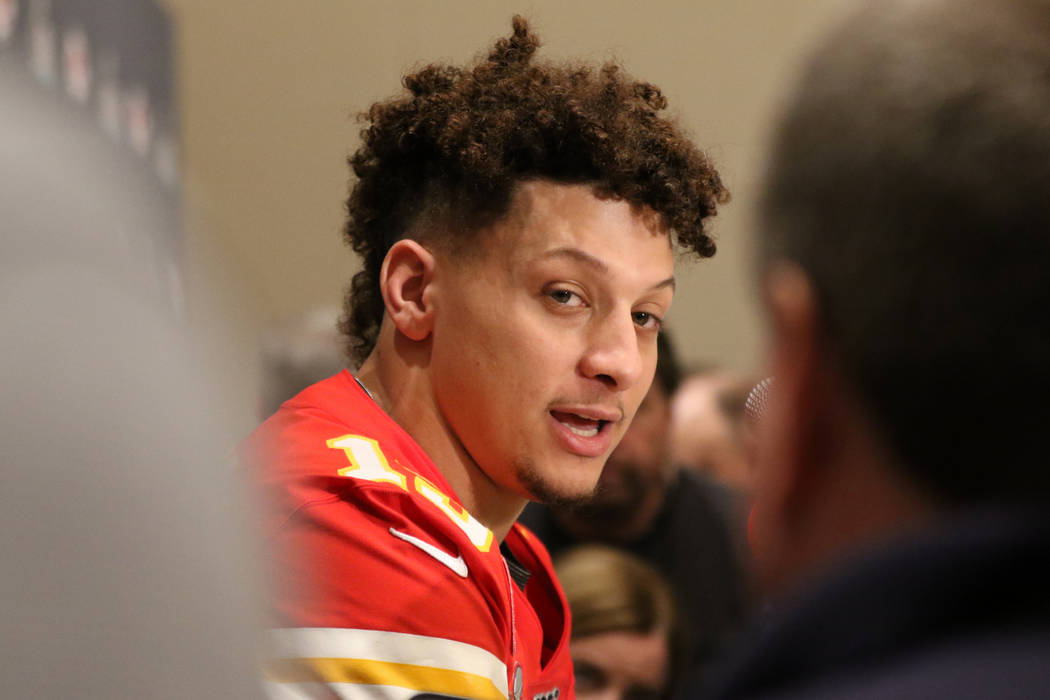 Kansas City Chiefs quarterback Patrick Mahomes answers questions during Super Bowl LIV media da ...