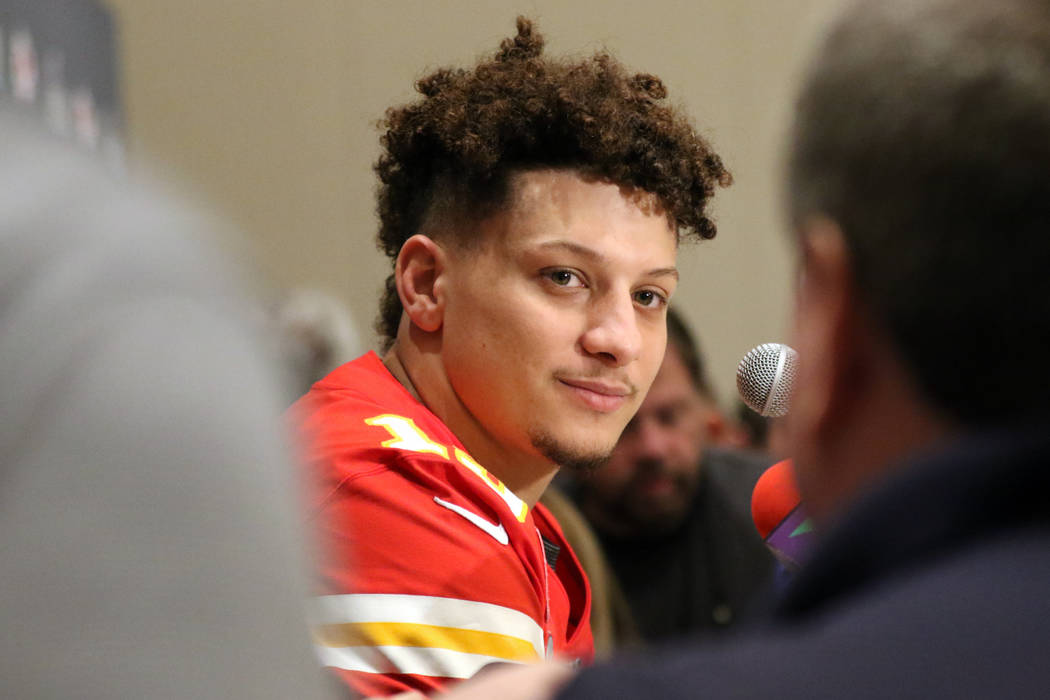 Kansas City Chiefs quarterback Patrick Mahomes answers questions during Super Bowl LIV media da ...