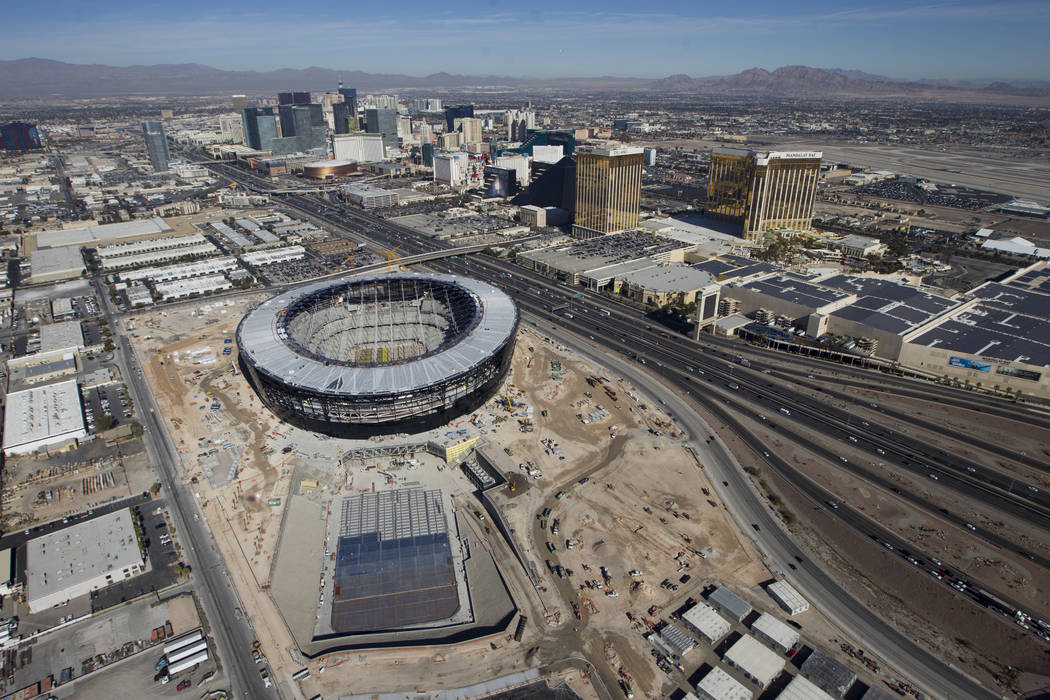 Aerial photo of Allegiant Stadium, future home of the Las Vega Raiders, pictured on Thursday, J ...