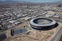 Aerial photo of Allegiant Stadium, future home of the Las Vega Raiders, pictured on Thursday, J ...