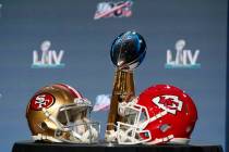 The Vince Lombardi Trophy is displayed before a news conference for the NFL Super Bowl 54 footb ...