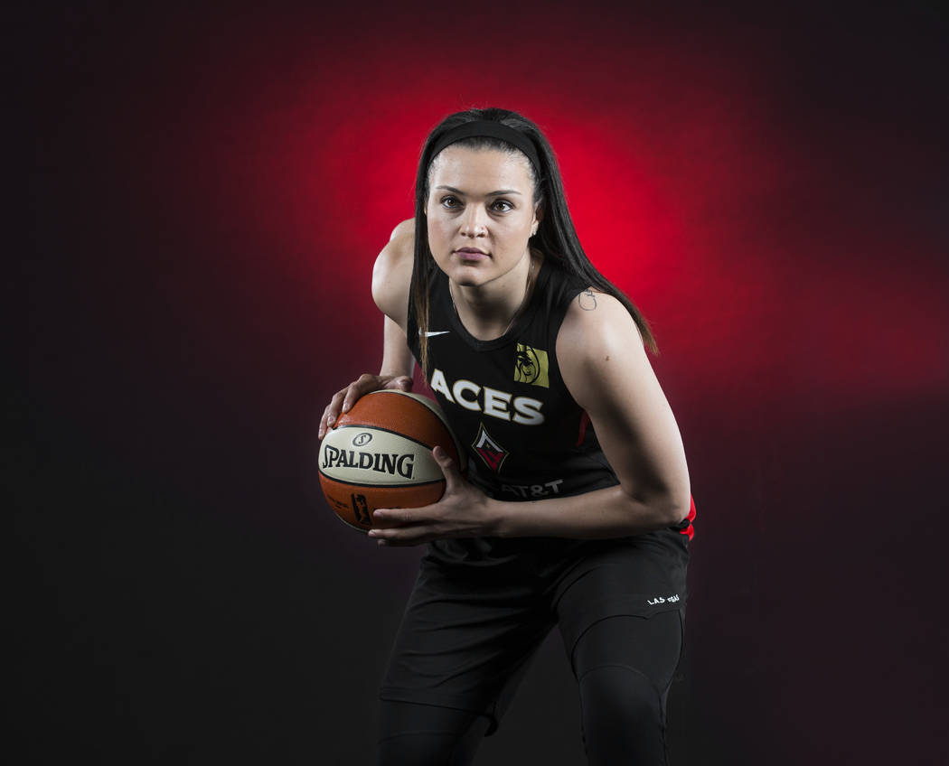 Aces guard Kayla McBride during media day on Monday, May 13, 2019, at Mandalay Bay Events Cente ...