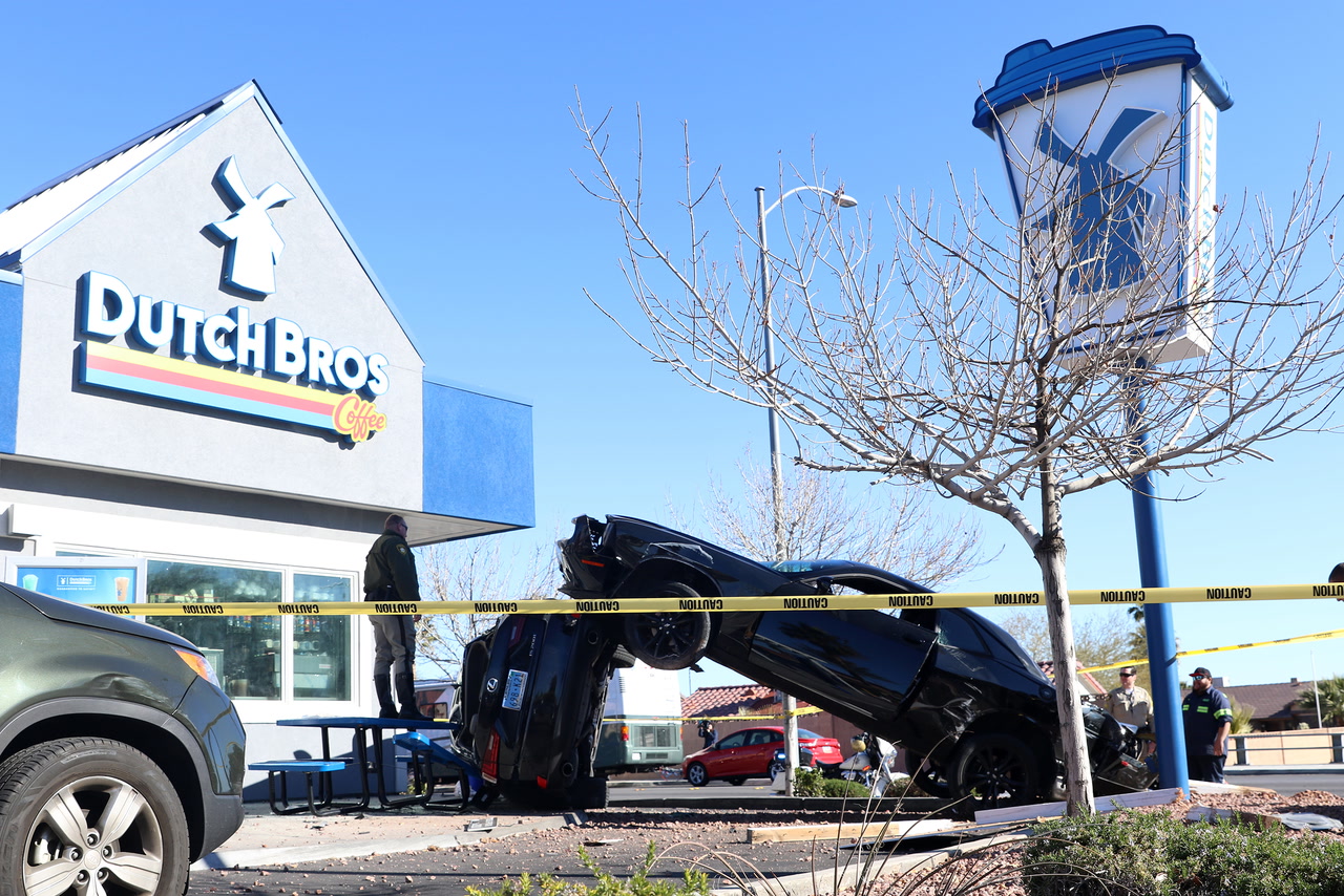 Crash overturns car at Las Vegas Dutch Bros. drivethru, 1