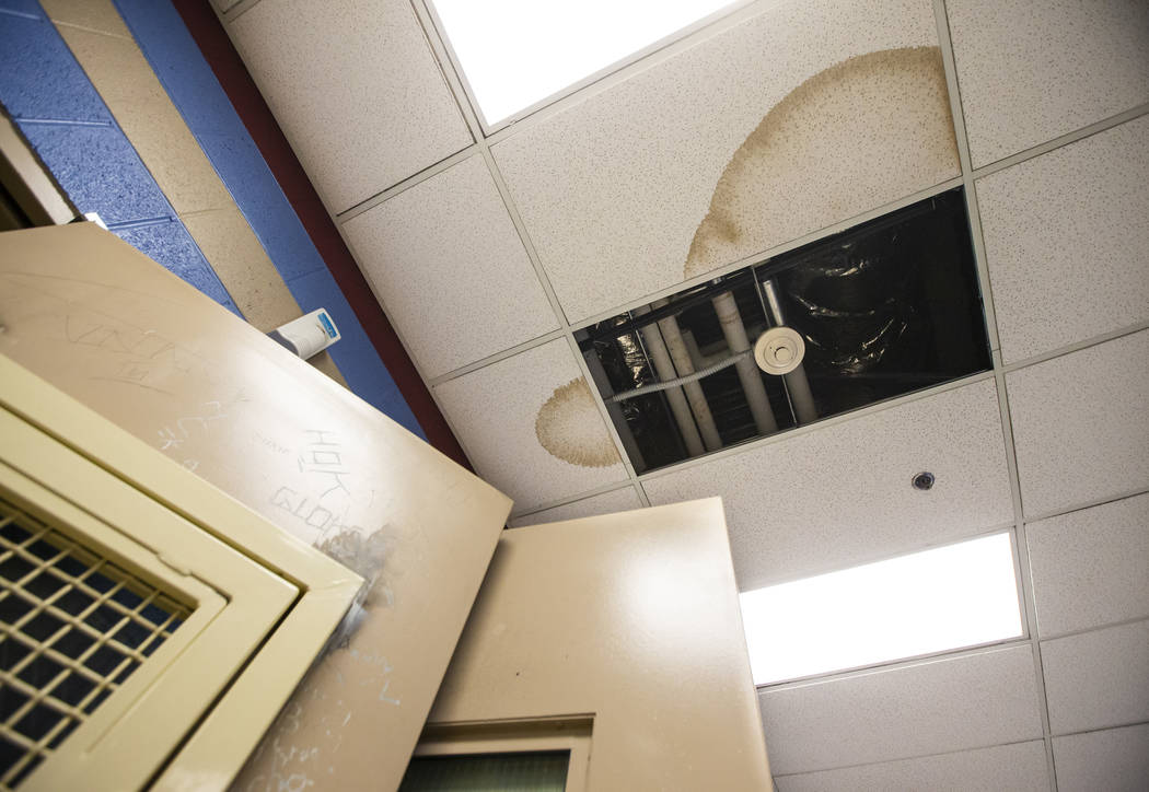 A stain through a ceiling in the the intake area of the North Las Vegas City jail, which was cl ...