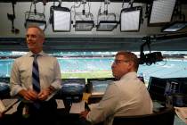 In this Friday, Aug. 23, 2019, photo, Fox Sports play-by-play announcer Joe Buck, left, and ana ...