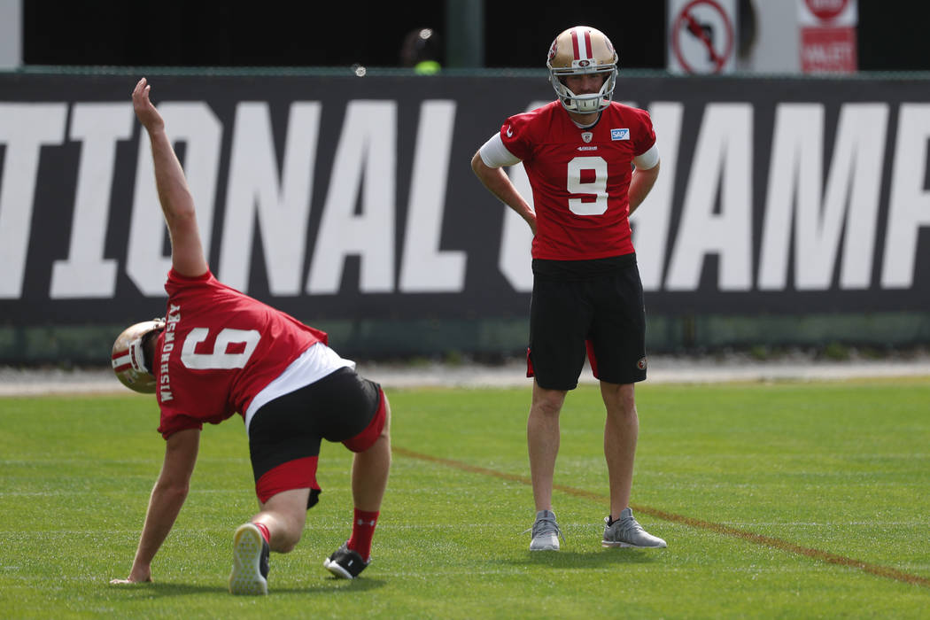 San Francisco 49ers punter Mitch Wishnowsky (6) and kicker Robbie Gould (9) stretch during prac ...