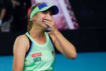 Sofia Kenin of the U.S. celebrates after defeating Spain's Garbine Muguruza in the women's sing ...