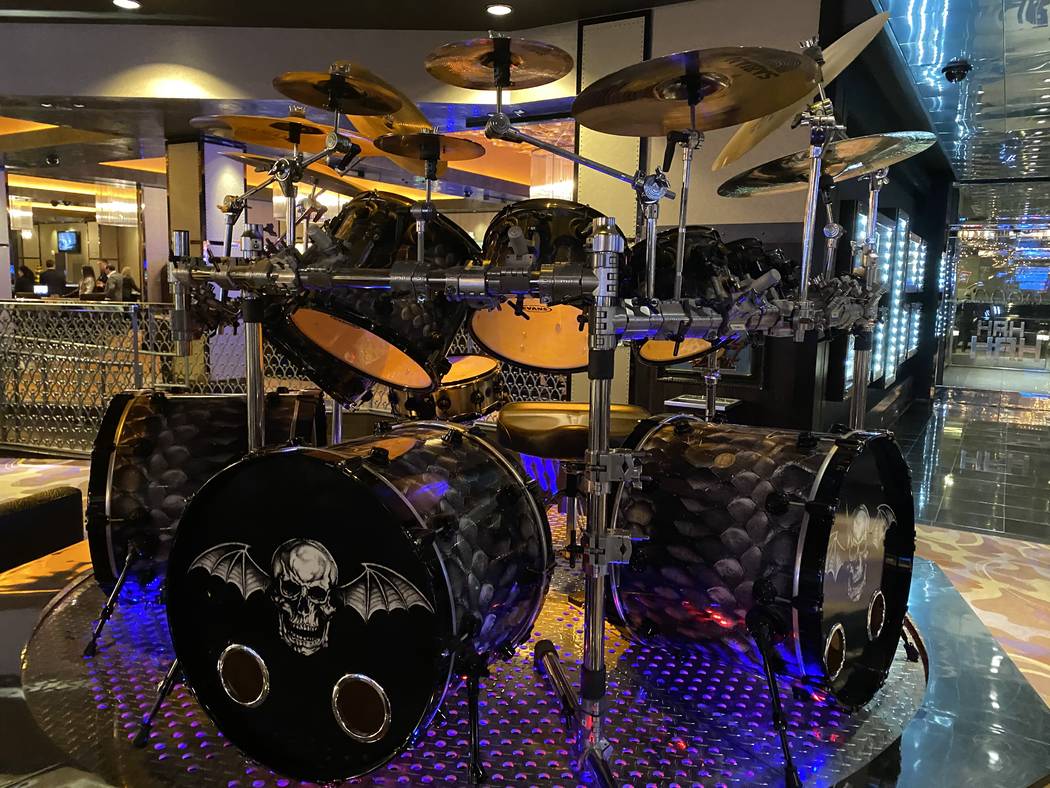 A drum kit played by the late Jimmy “The Rev” Sullivan of Avenged