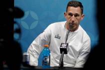 San Francisco 49ers head coach Kyle Shanahan speaks during a news conference after the NFL Supe ...