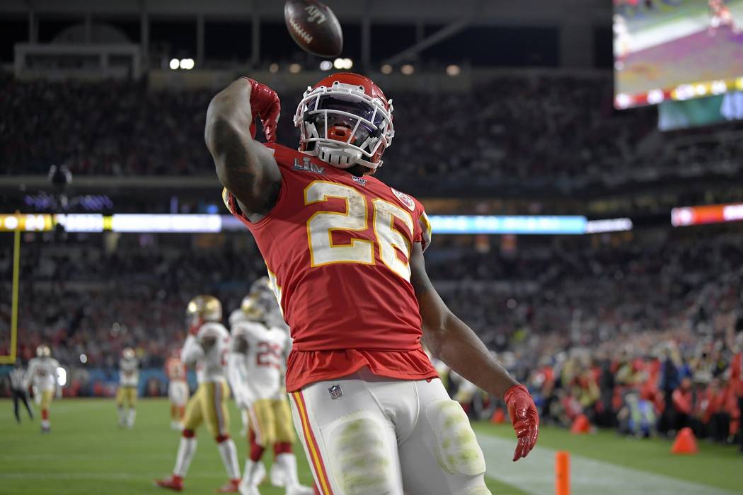 Kansas City Chiefs' Damien Williams celebrates his touchdown against the San Francisco 49ers du ...
