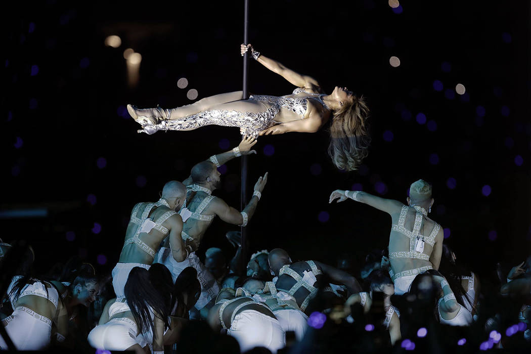 Jennifer Lopez performs during halftime of the NFL Super Bowl 54 football game between the San ...