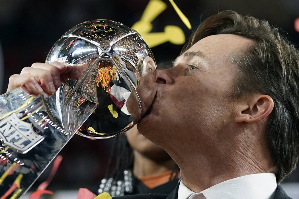 Kansas City Chiefs president Mark Donovan kisses the trophy after his team defeated the San Fra ...