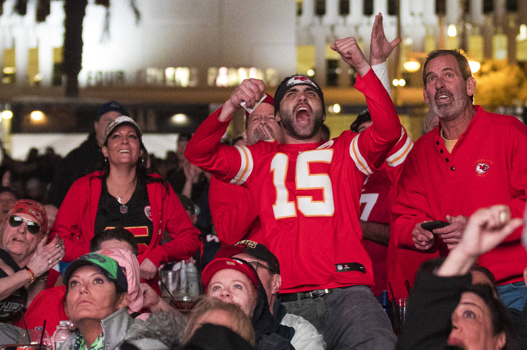 The crowd responds to the Kansas City Chiefs winning Super Bowl LIV at a watch party at the Dow ...