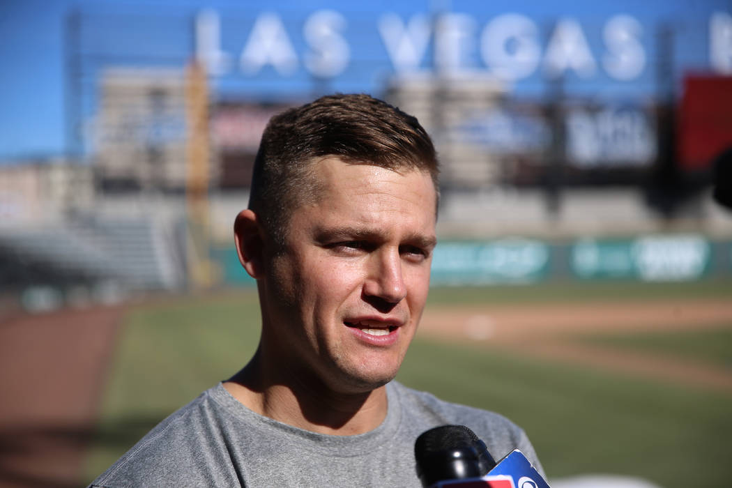 New York Mets pitcher Paul Sewald is interviewed during a live batting practice event at Las Ve ...