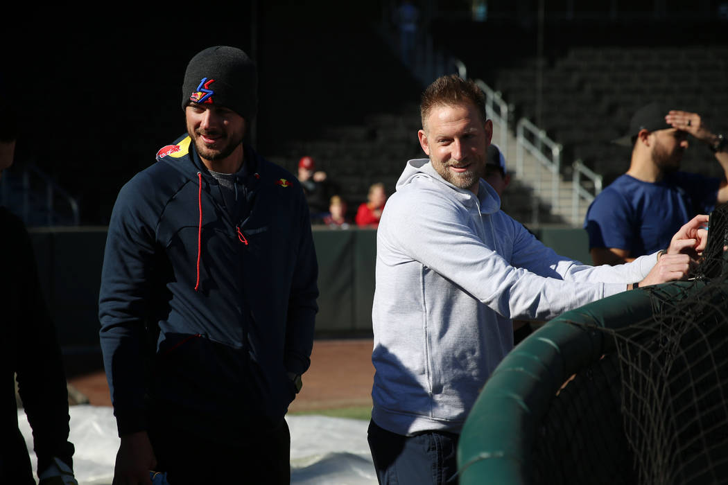 Chicago Cubs player Kris Bryant, left, and former professional player Tyler Wagner, attend a li ...