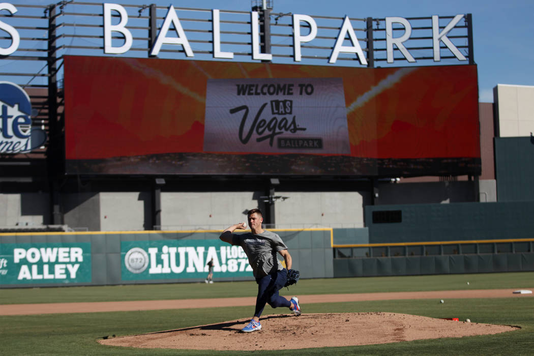 New York Mets pitcher Paul Sewald pitches during a live batting practice event at Las Vegas Bal ...