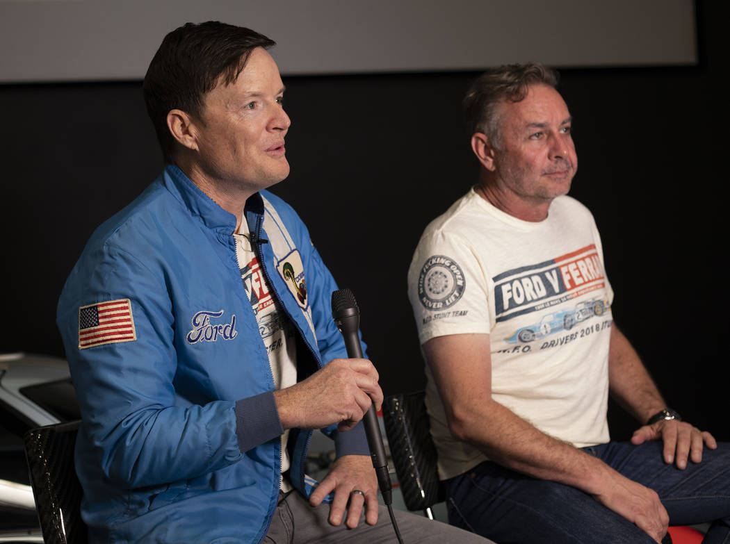 Tony Hunt, left, and Robert Nagle, right, stunt driver and stunt coordinator for the film Ford ...