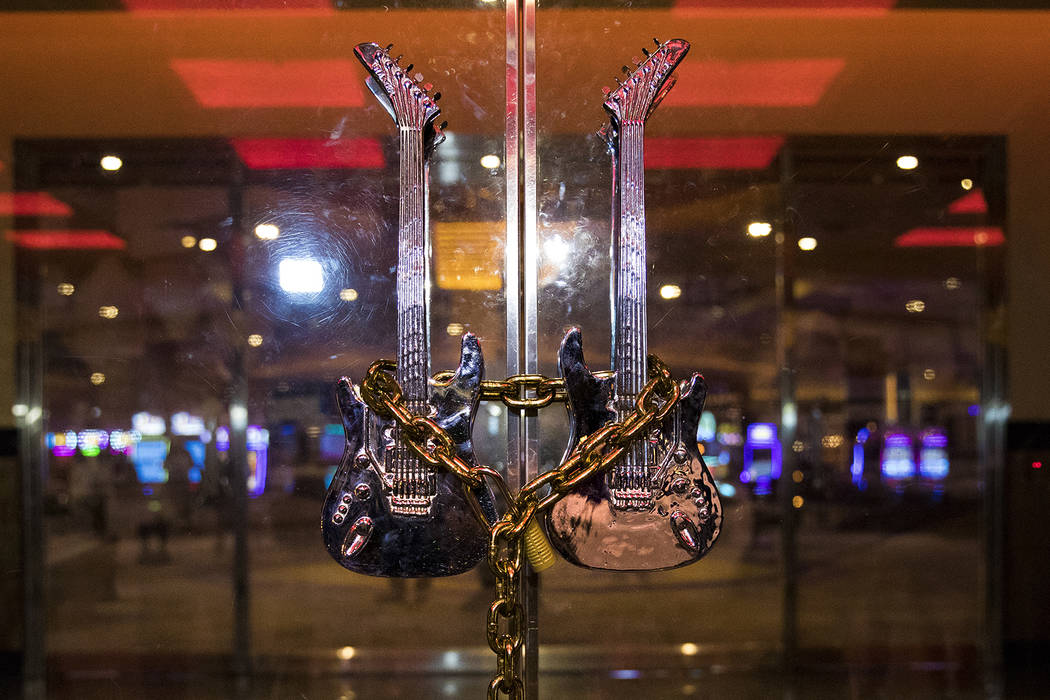 The Hard Rock Hotel's front doors are chain locked in Las Vegas, Monday, Feb. 3, 2020. The prop ...