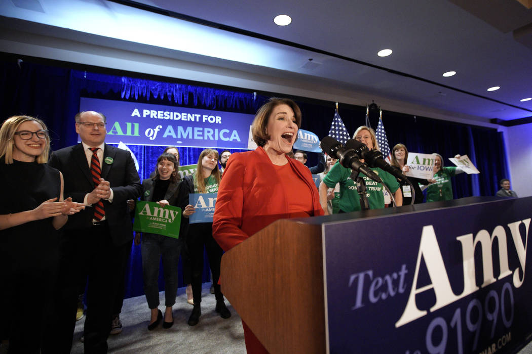 Democratic presidential candidate Sen. Amy Klobuchar, D-Minn., speaks to supporters as she is a ...