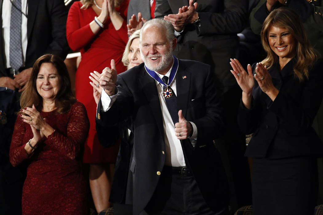 Rush Limbaugh reacts after first Lady Melania Trump presented him with the the Presidential Med ...