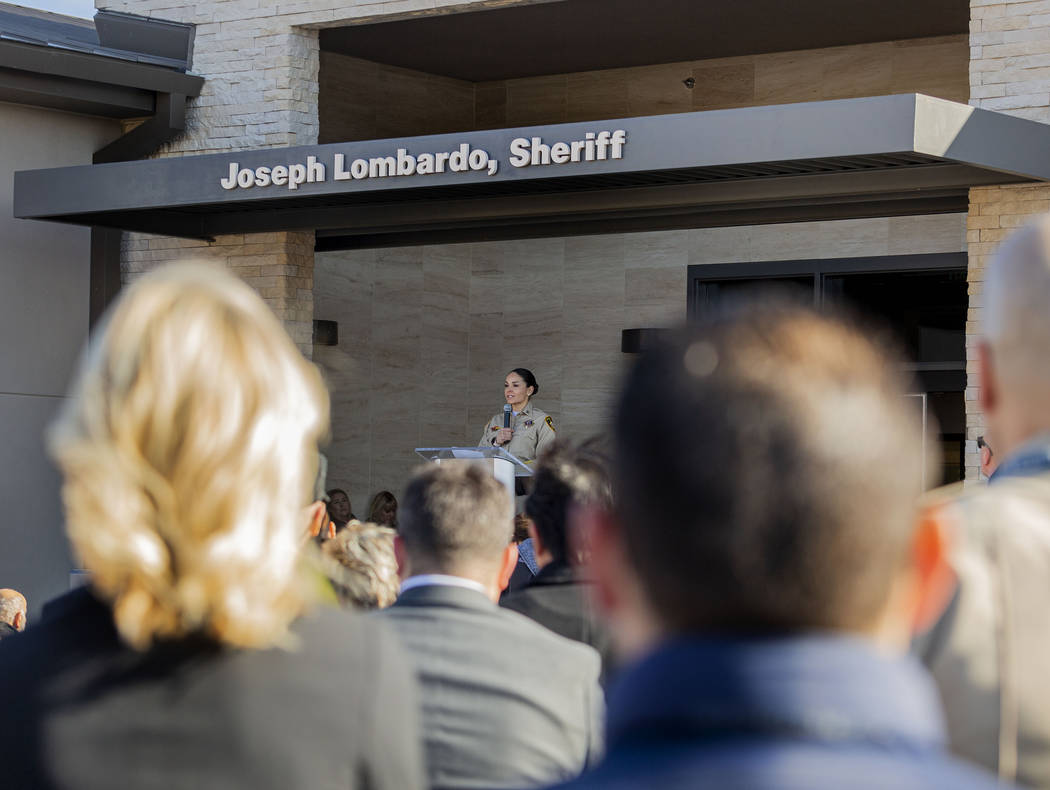 Summerlin Area Command Capt. Sasha Larkin speaks during the official grand opening of the comma ...