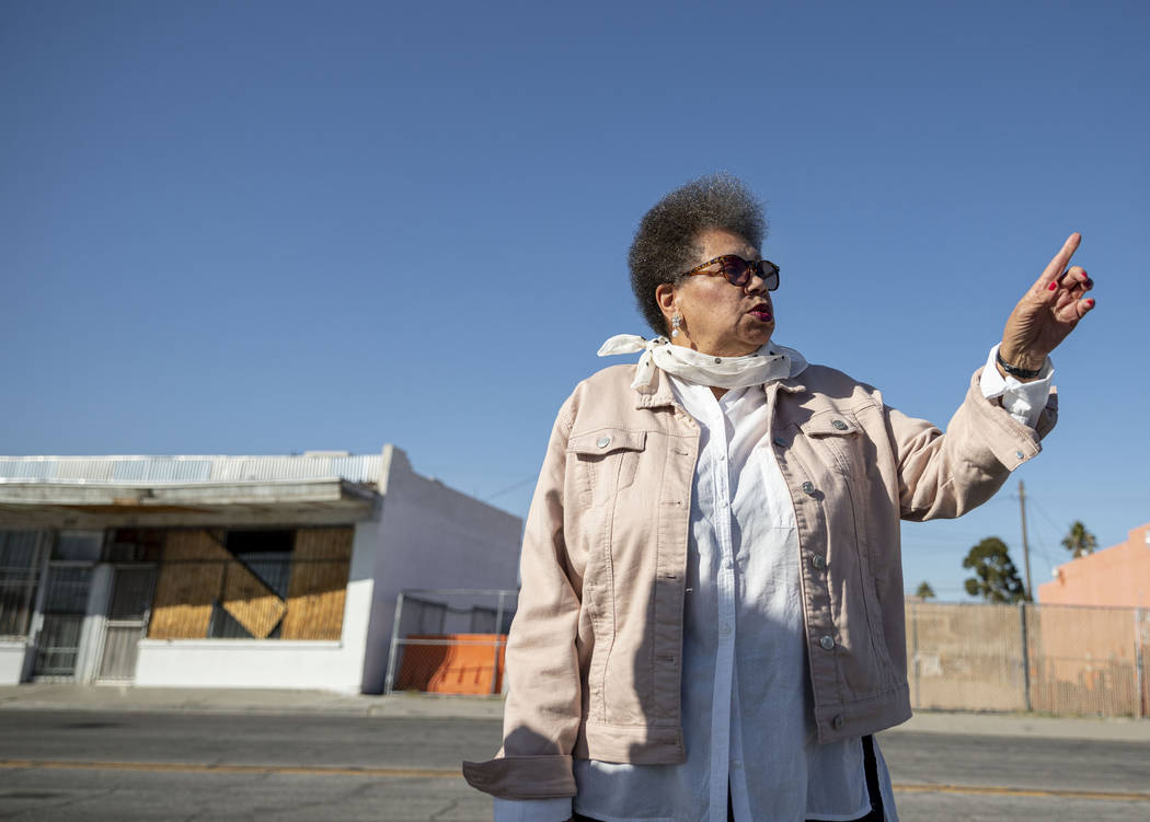 Jackie Brantley, who grew up blocks away from Jackson Street in West Las Vegas, points out the ...