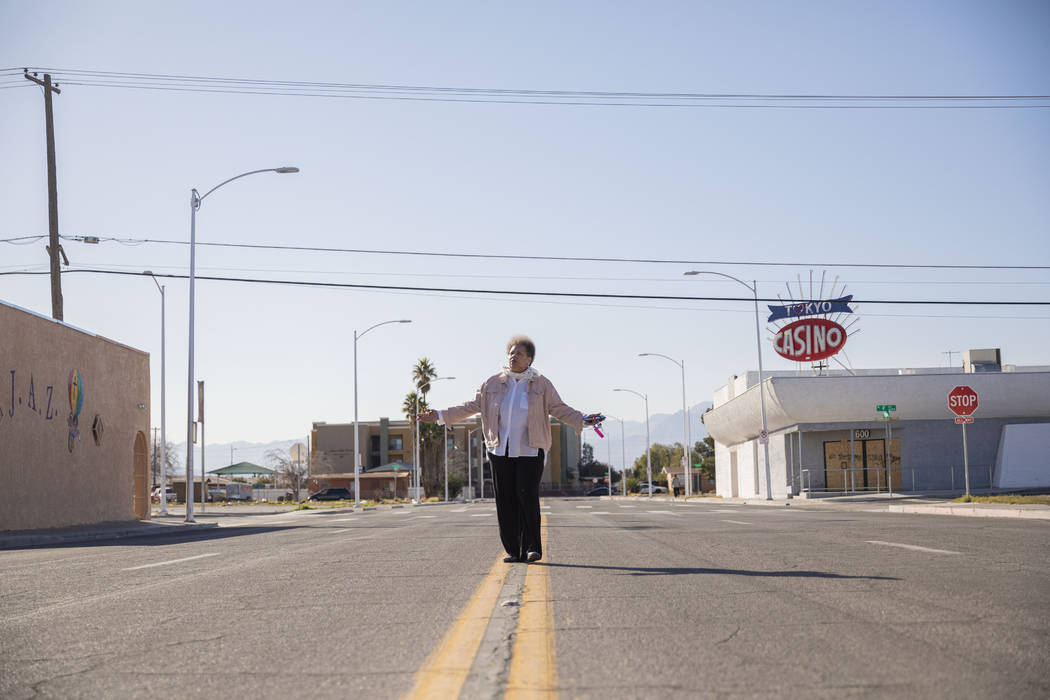 Jackie Brantley, who grew up blocks away from Jackson Street in West Las Vegas, walks the stree ...