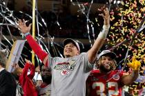 Kansas City Chiefs' Patrick Mahomes, left, and Tyrann Mathieu celebrate after defeating the San ...