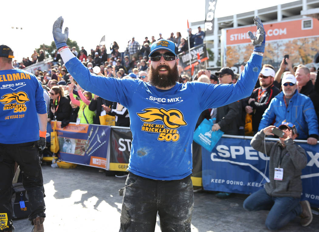 Mario Alves, of Ontario, Canada, reacts after participating in the 2020 Spec Mix Bricklayer 500 ...