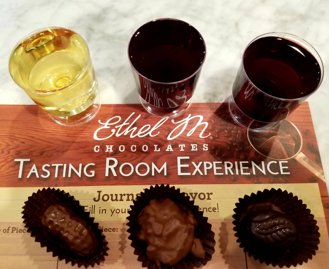 Three out of the four chocolate-and-wine combinations that come with Ethel M's $25 Chocolate an ...