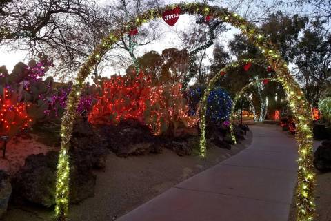 Ethel M cactus garden's "Lights of Love" display is seen at sunset. (Natalie Burt)