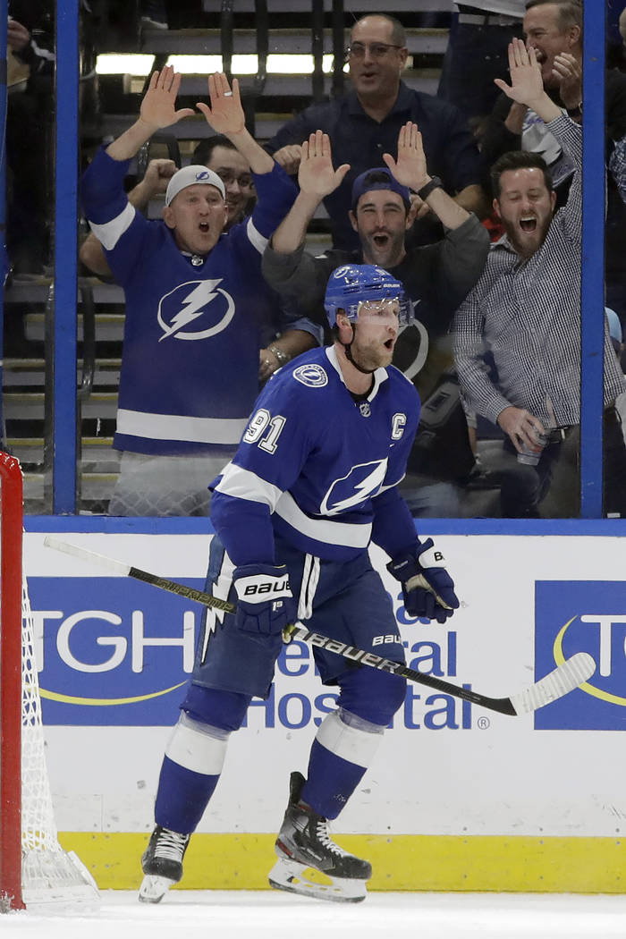 Tampa Bay Lightning center Steven Stamkos (91) celebrates his goal against the Pittsburgh Pengu ...