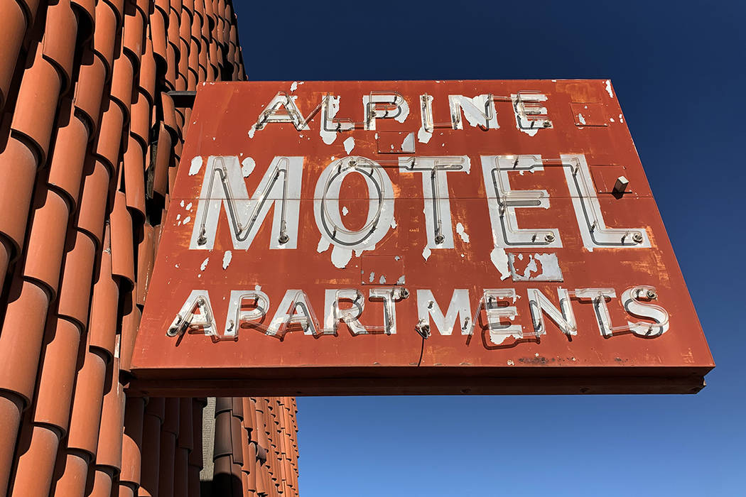 The sign outside the Alpine Motel Apartments pictured on Thursday, Jan. 9, 2020, in Las Vegas. ...
