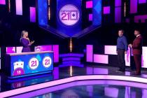 "Catch 21" with dealer Witney Carson, left, and host Alfonso Riberio, right, films in ...