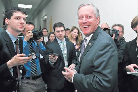 House Freedom Caucus Chairman Rep. Mark Meadows, R-N.C., speaks with the media on Capitol Hill ...