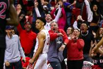 UNLV's Marvin Coleman celebrates after banking in a shot in the final second of the game agains ...