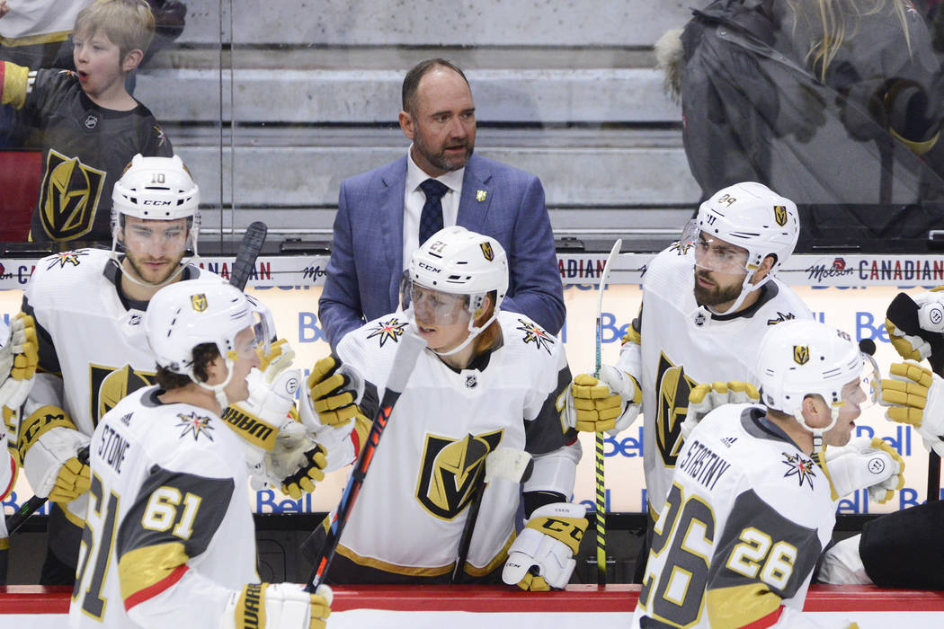 Vegas Golden Knights new head coach Peter DeBoer is seen on the bench as Vegas Golden Knights c ...