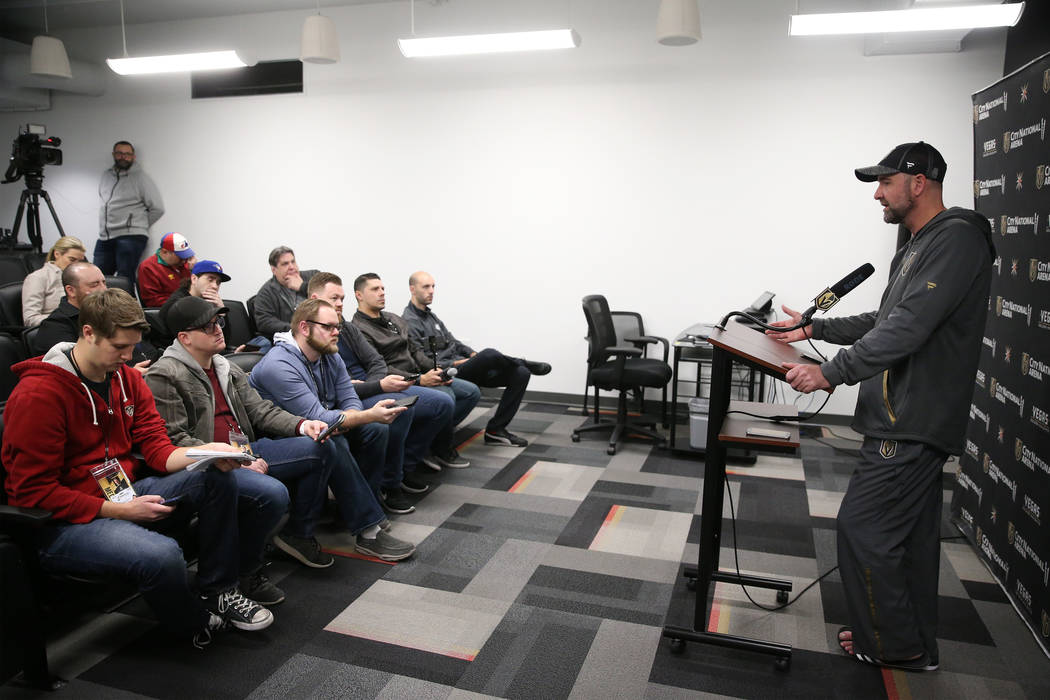 Vegas Golden Knights head coach Peter DeBoer during a press conference at City National Arena i ...