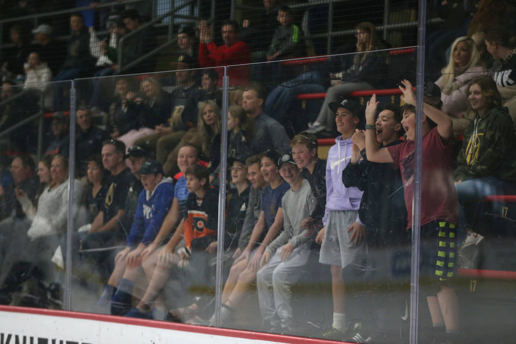 Fans cheer during a Vegas Golden Knights team practice at City National Arena in Las Vegas, Sat ...