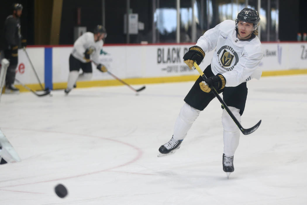 Vegas Golden Knights forward William Karlsson (71) shoots the puck during a team practice at Ci ...
