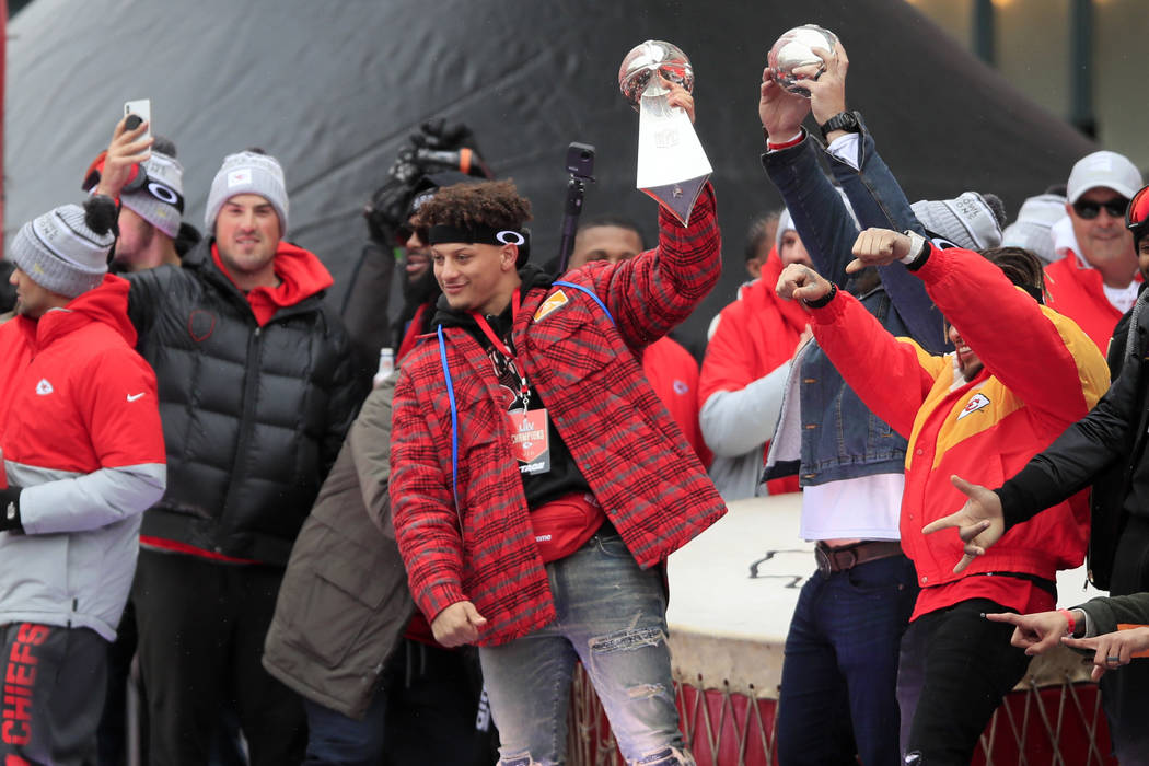 Patrick Mahomes, Travis Kelce Celebrate at Chiefs Super Bowl Parade